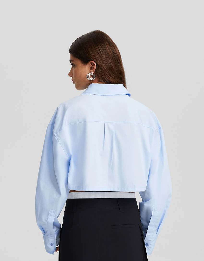 Long sleeve cropped poplin shirt with straps - Tops and bodysuits