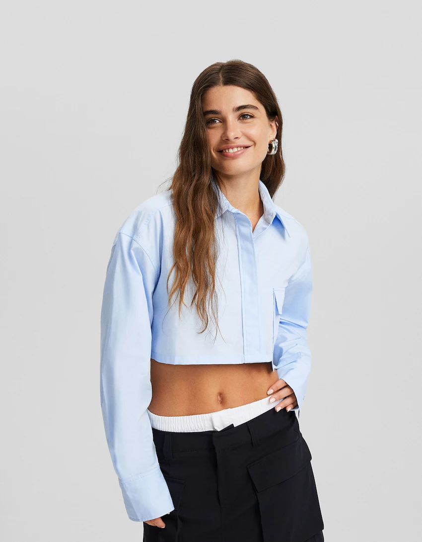 Long sleeve cropped poplin shirt with straps - Tops and bodysuits