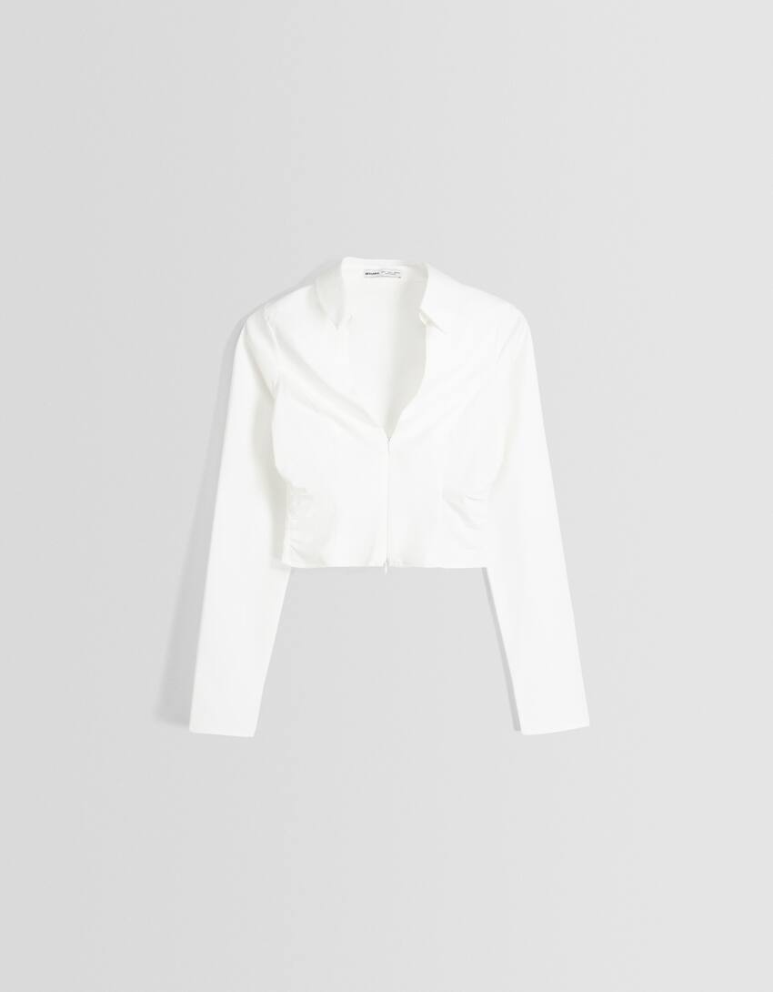 Long sleeve bengaline blouse with zip-White-4