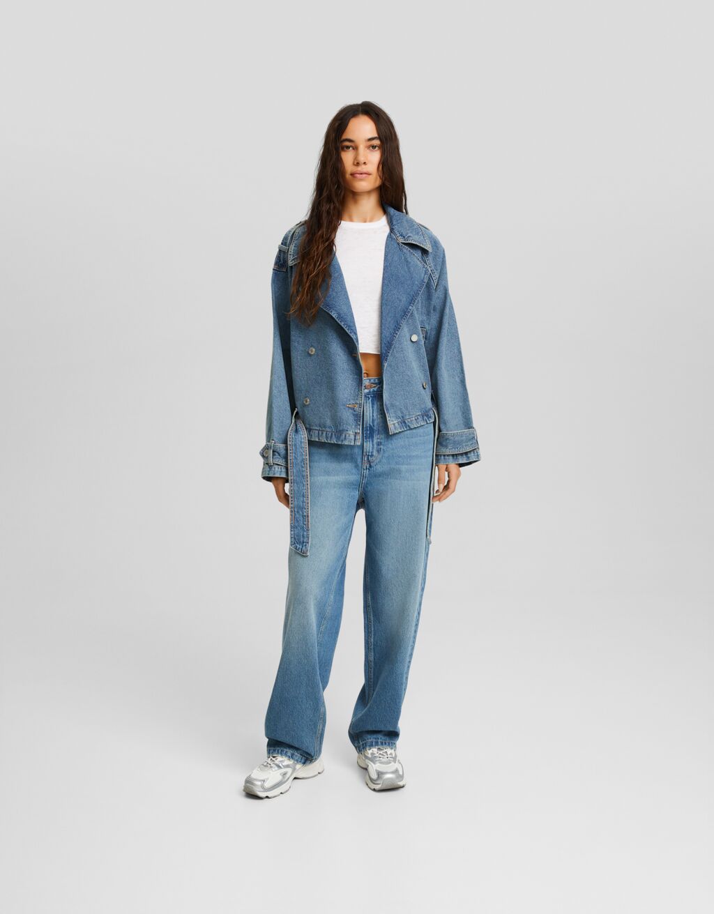 Blouson trench en jean cropped-Bleu-3