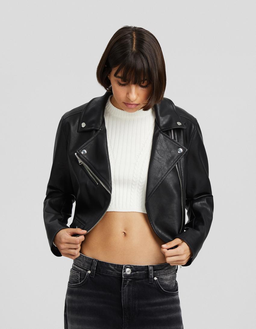Suni deri biker ceket-Siyah-0