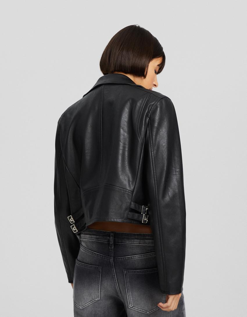 Suni deri biker ceket-Siyah-1