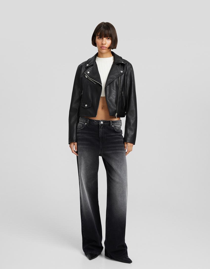 Suni deri biker ceket-Siyah-3