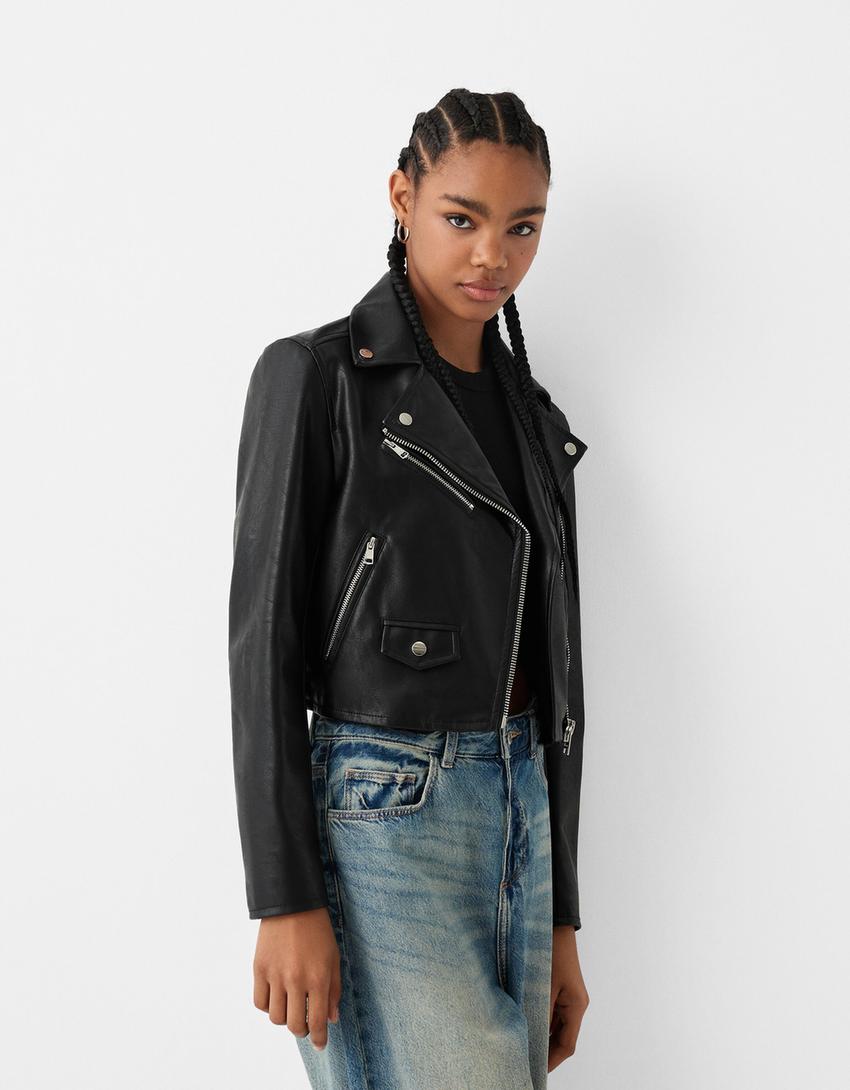 Casaco biker efeito pele-Preto-0