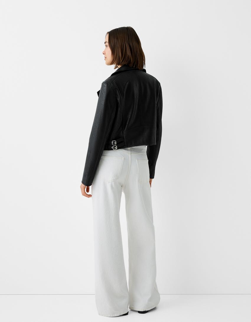 Suni deri biker ceket-Siyah-1