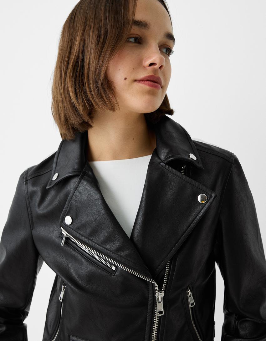 Suni deri biker ceket-Siyah-2