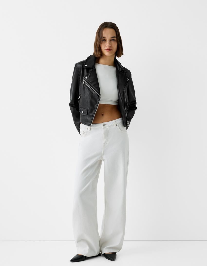 Suni deri biker ceket-Siyah-3