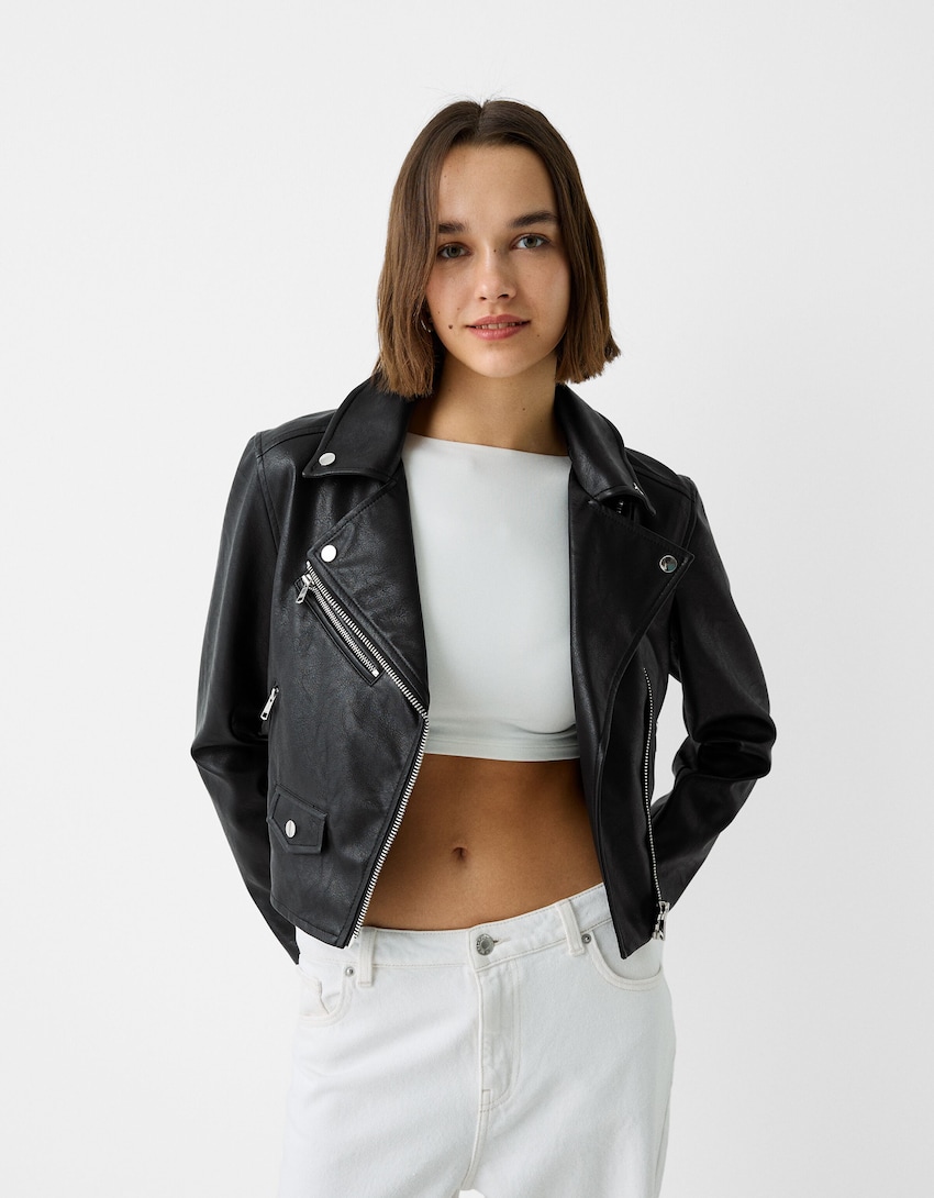 Faux leather biker jacket - Women | Bershka