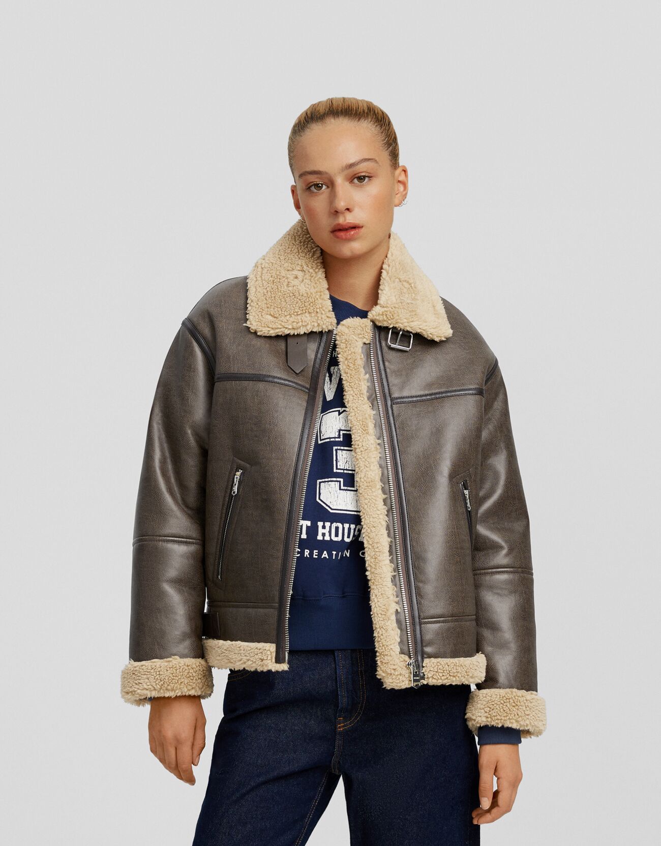 Bershka Faux Leather Shearling Coat With Buckles in White