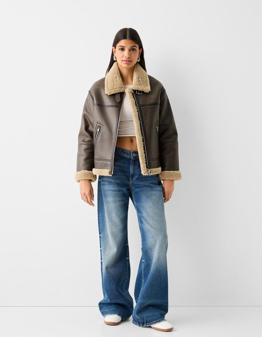 Faux leather double-faced jacket-Brown-2