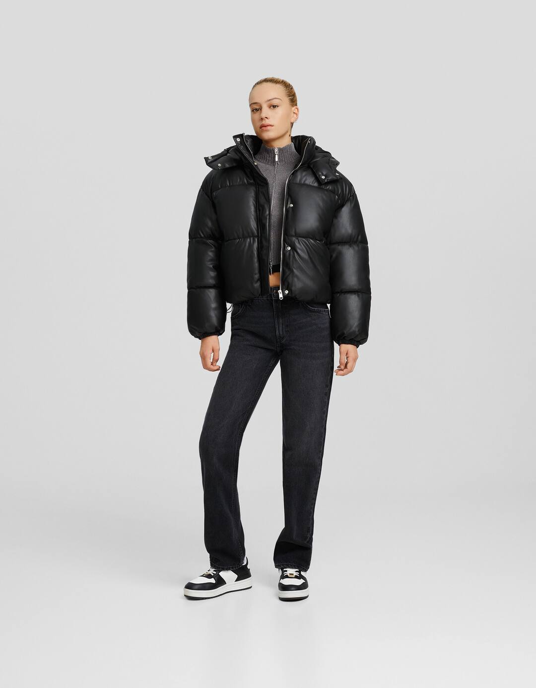 Leather effect puffer jacket with hood