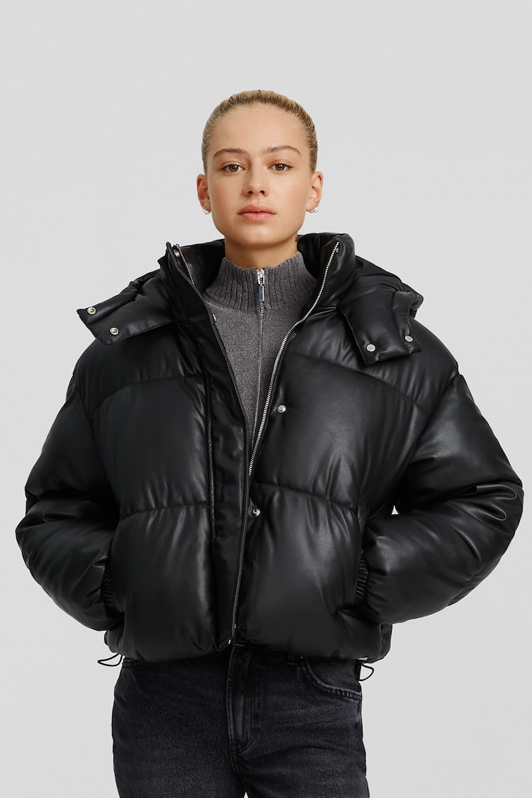 Leather effect puffer jacket with hood