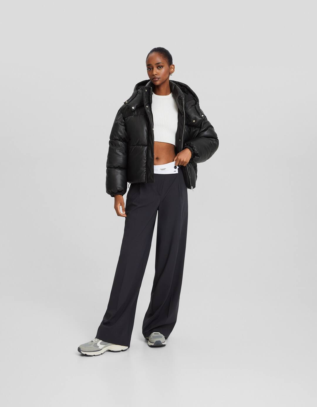 Leather effect puffer jacket with hood