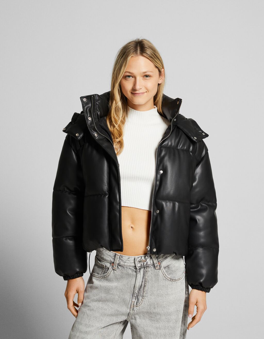 Leather effect puffer jacket with hood - Women | Bershka