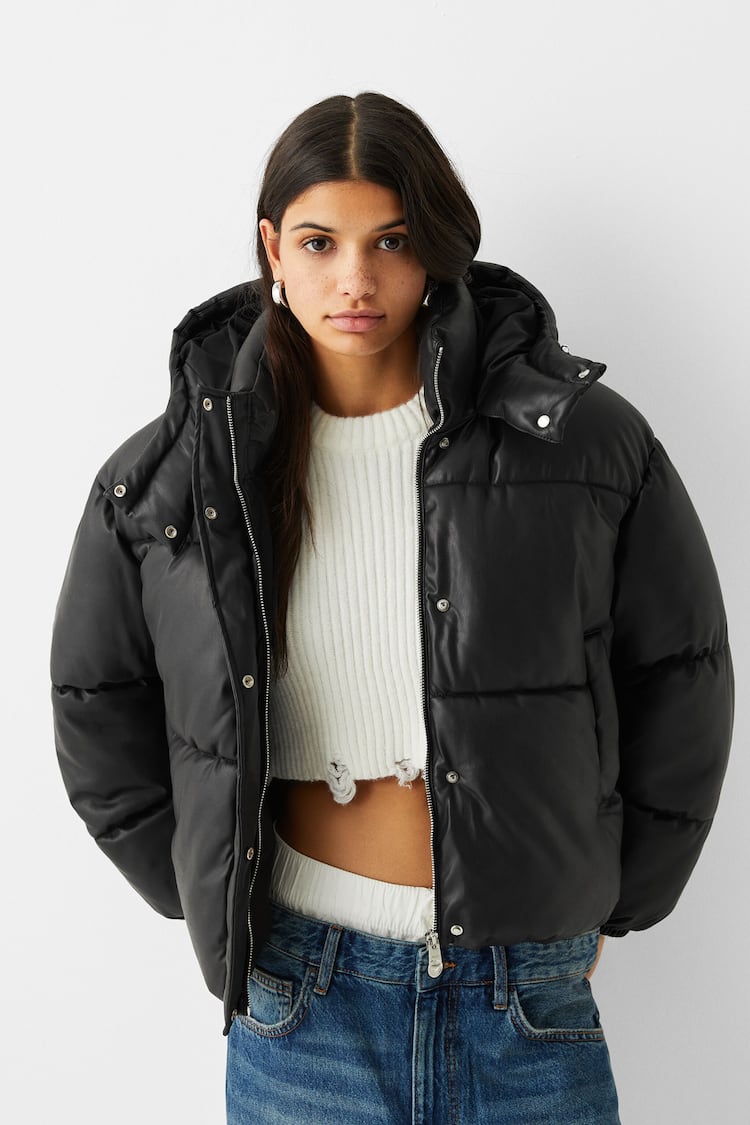 Leather effect puffer jacket with hood