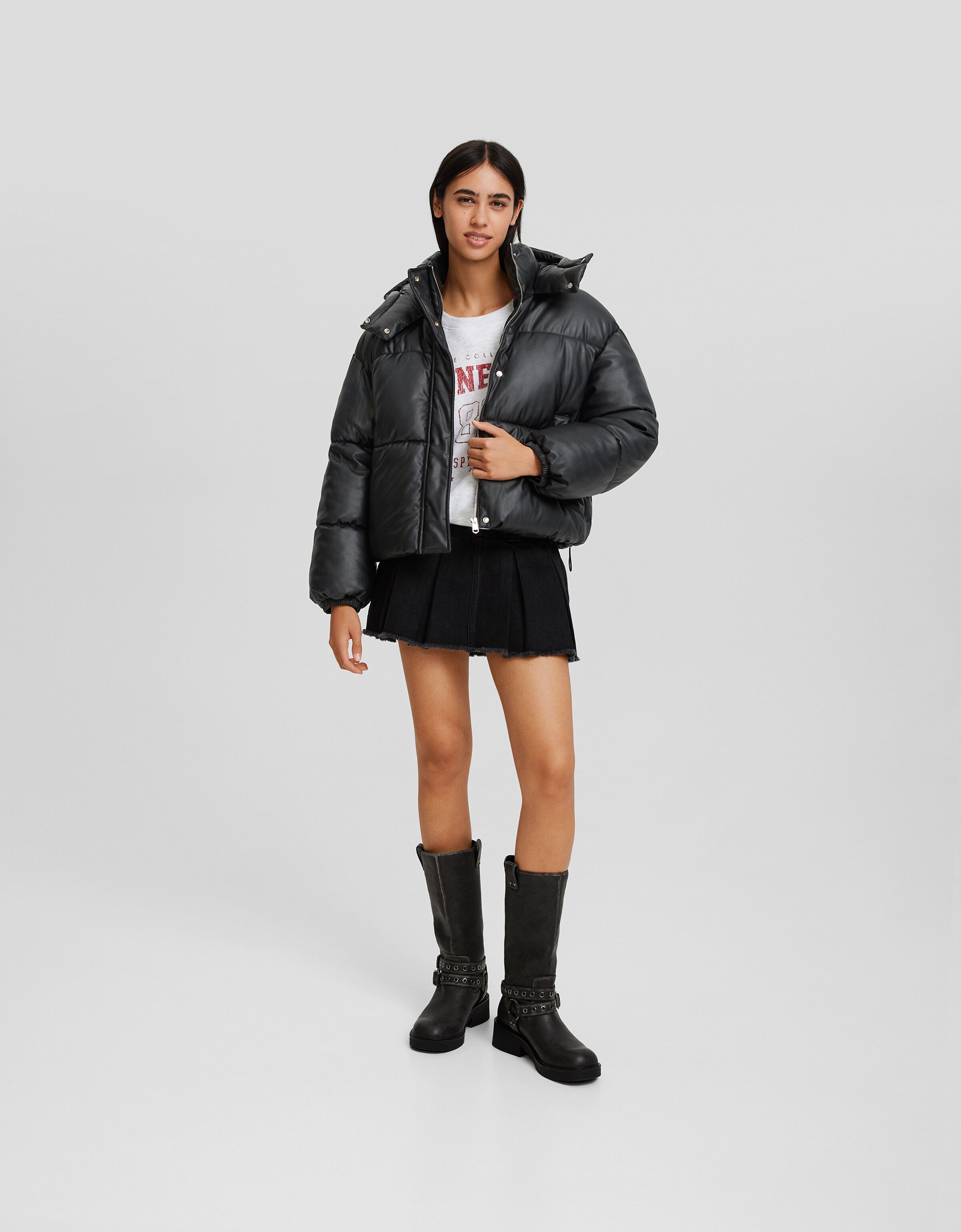 Faux-Leather Hooded Puffer Jacket-