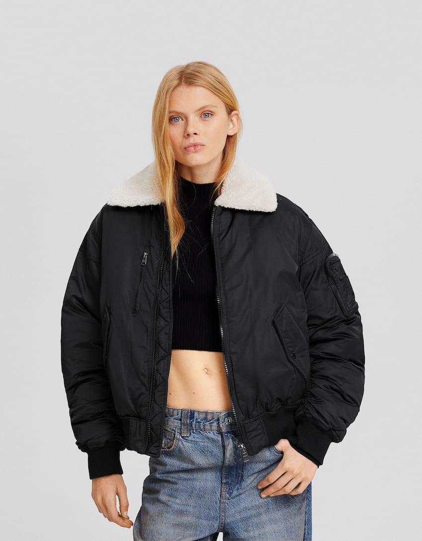 Bomber jacket with faux shearling-Black-0