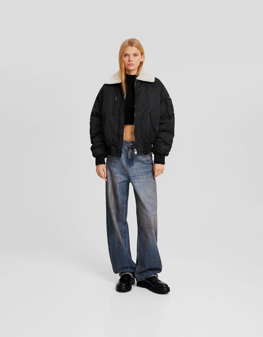 Bomber jacket with faux shearling-Black-3