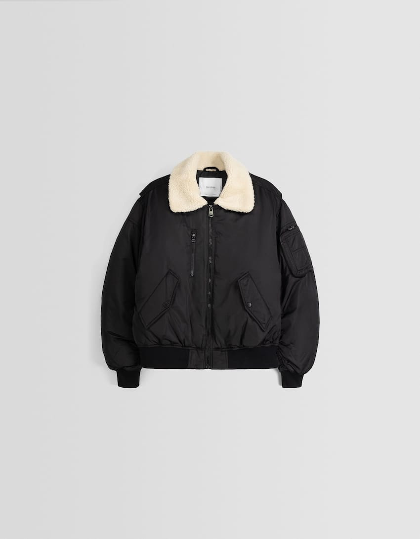 Bomber jacket with faux shearling-Black-4