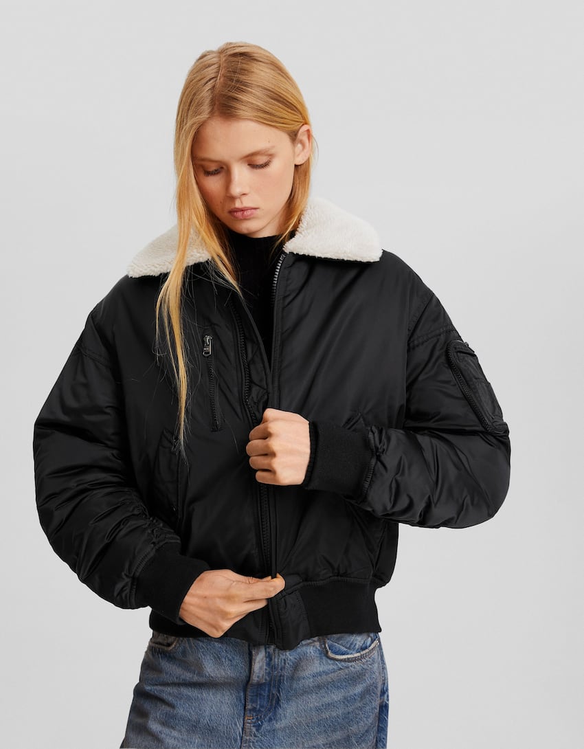 Bomber jacket with faux shearling-Black-2