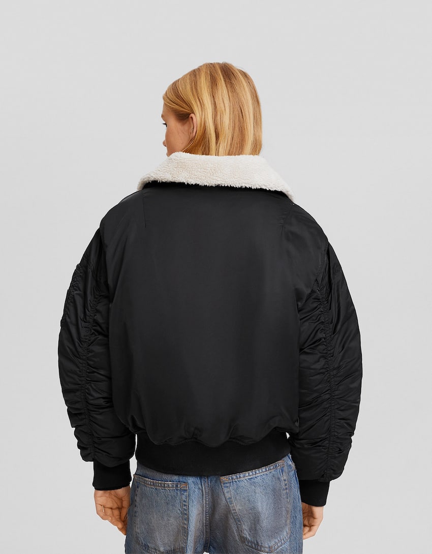 Bomber jacket with faux shearling-Black-1