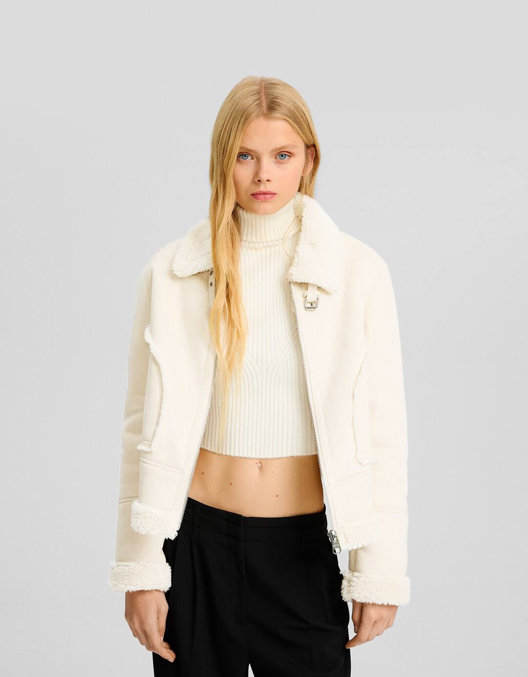 Double-faced cropped faux suede jacket