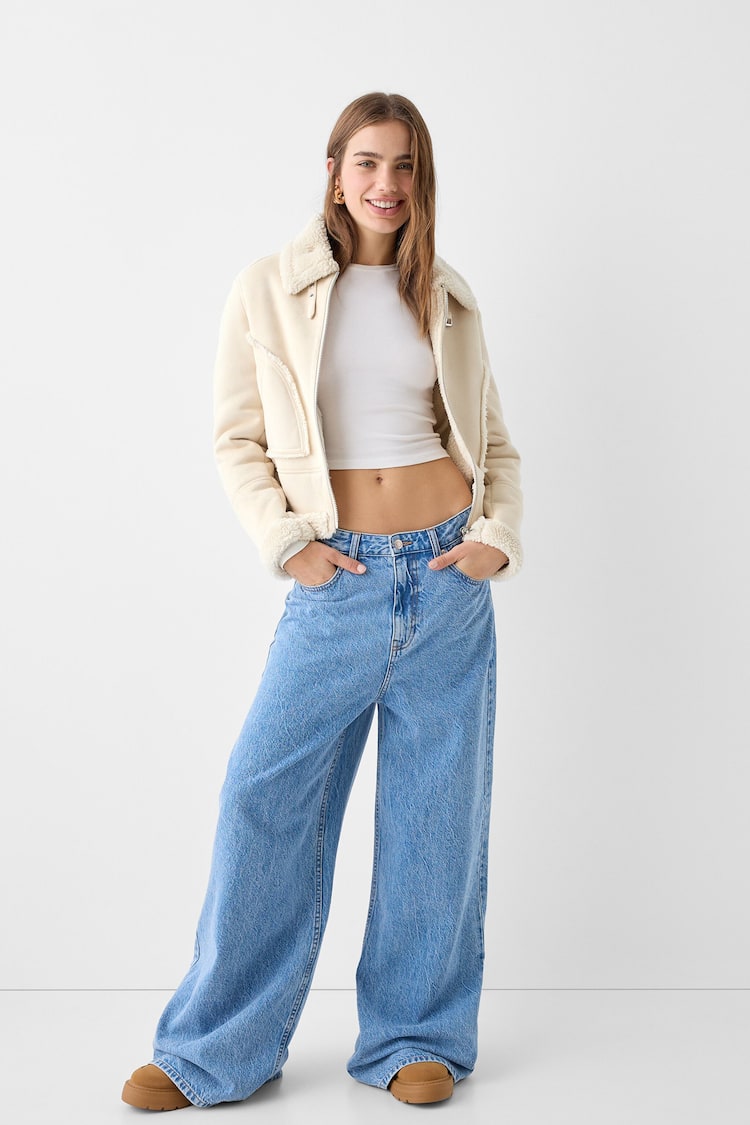 Double-faced cropped faux suede jacket