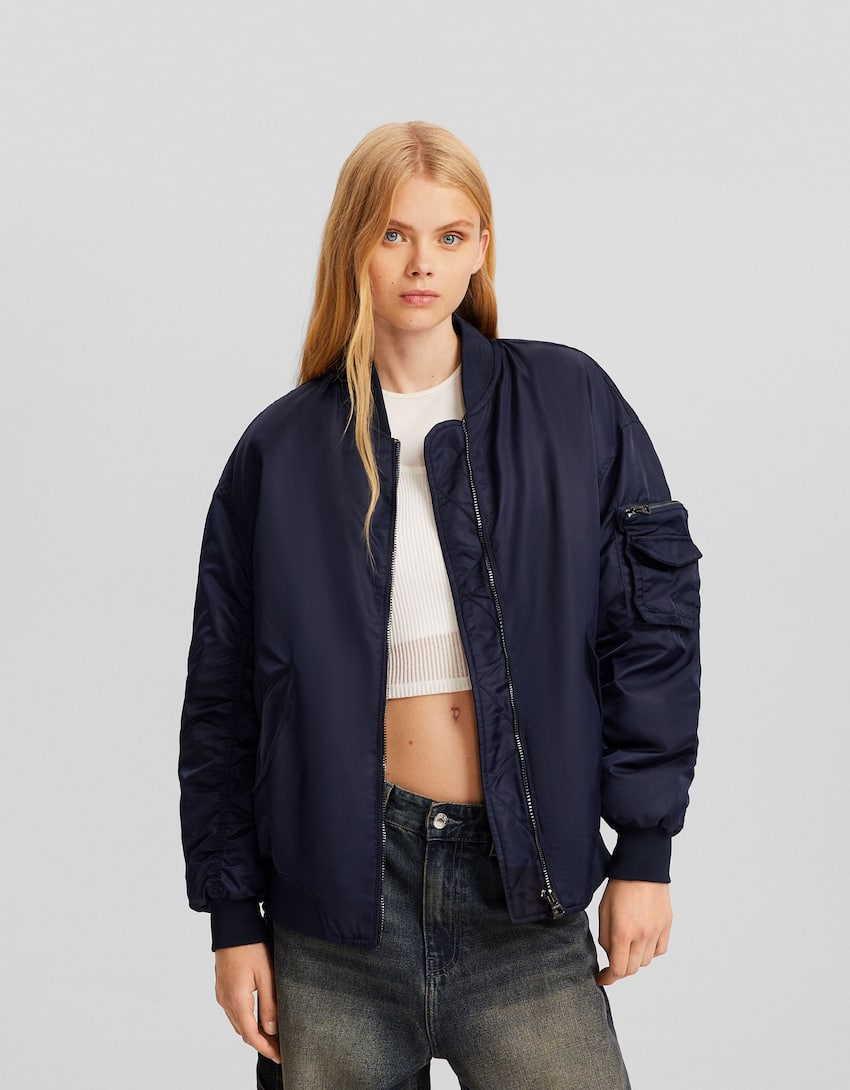 Nylon blend bomber-style puffer jacket-Dark blue-0