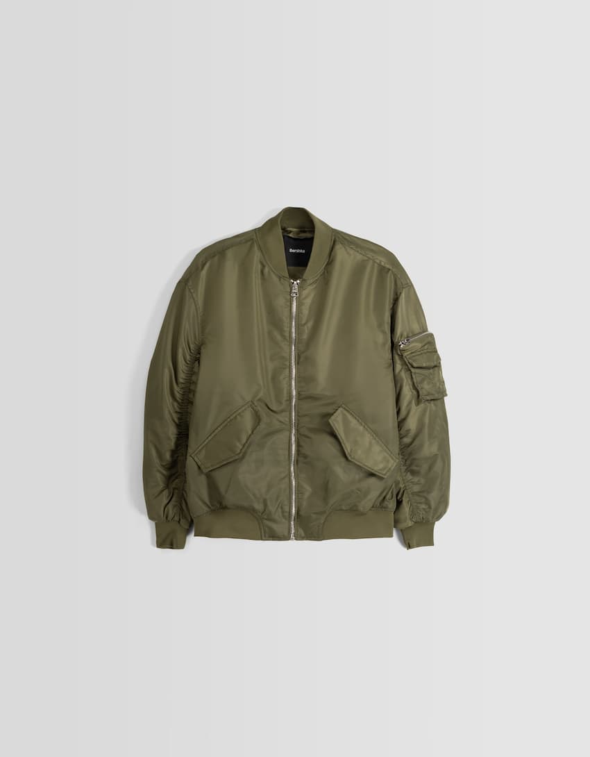 Nylon blend bomber-style puffer jacket-Khaki-4