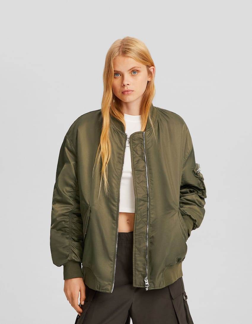 Nylon blend bomber-style puffer jacket-Khaki-0