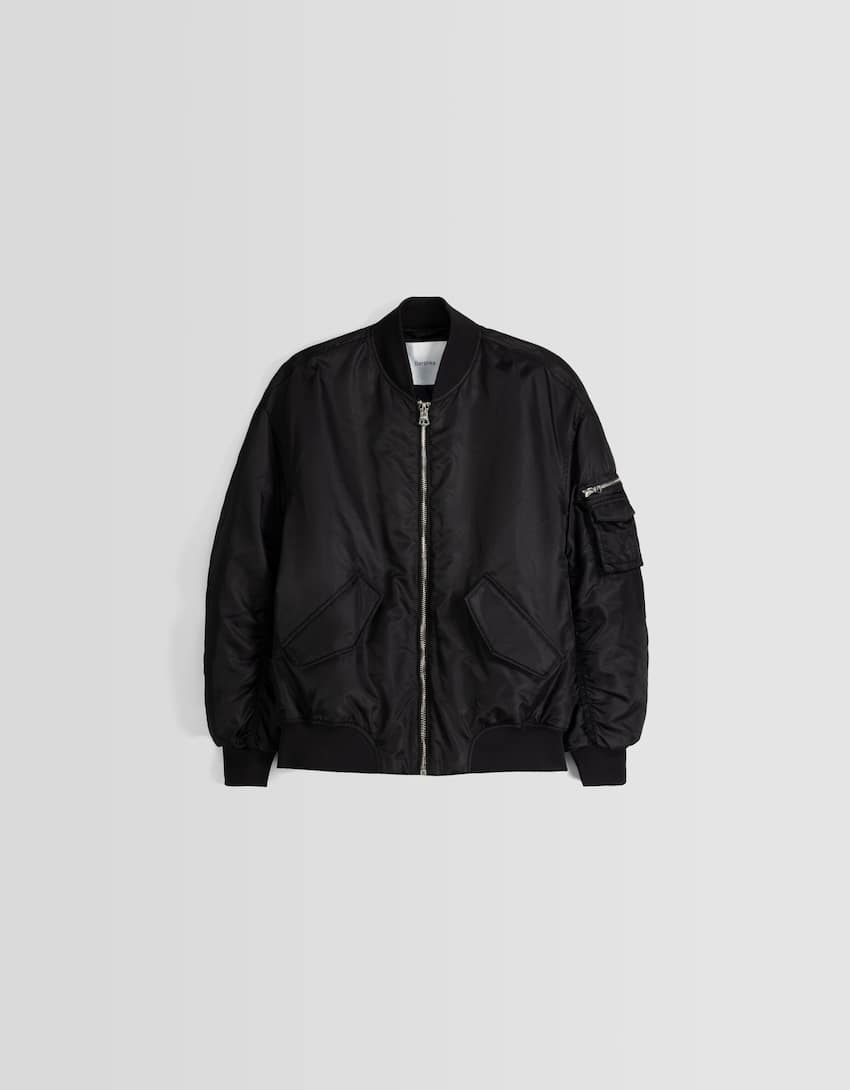 Nylon blend bomber-style puffer jacket-Black-4