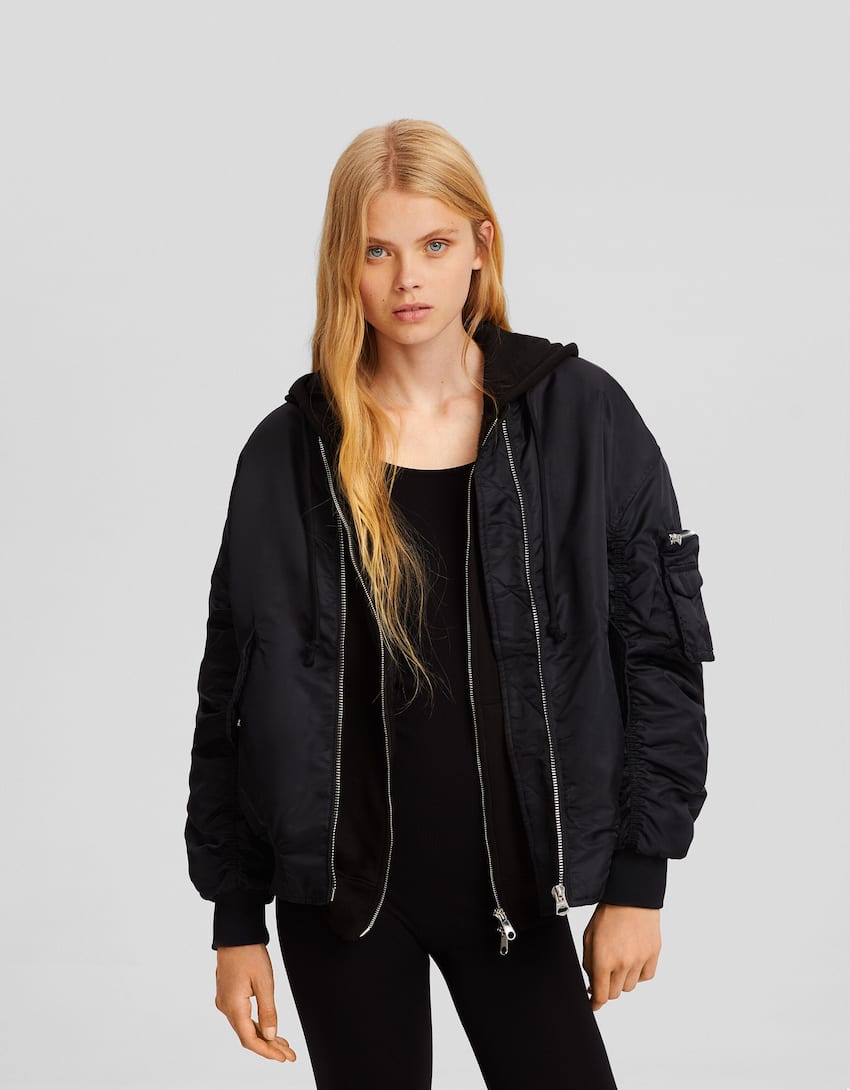 Nylon blend bomber-style puffer jacket-Black-0