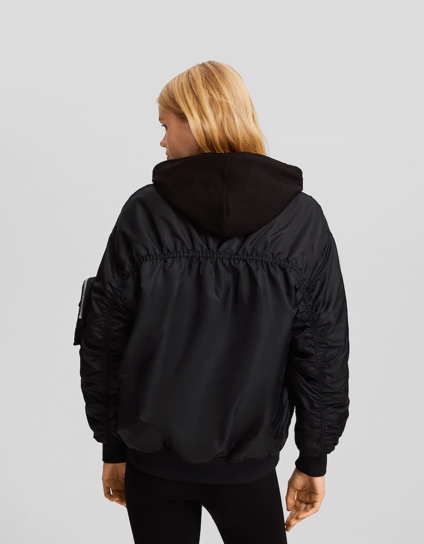 Nylon blend bomber-style puffer jacket-Black-1