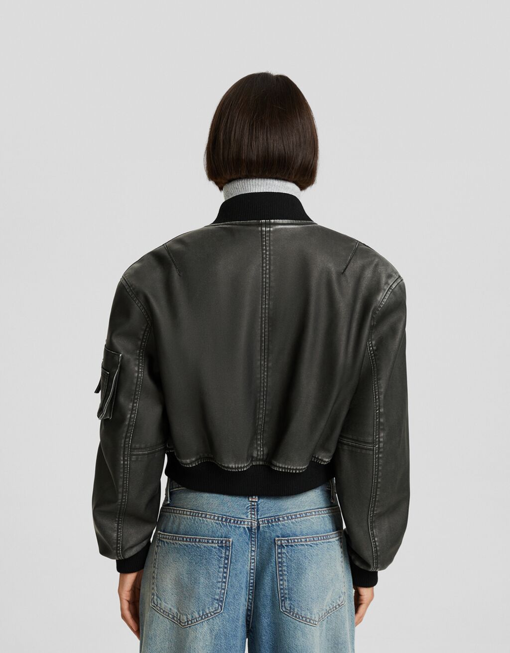 Distressed faux leather bomber jacket-Grey-1