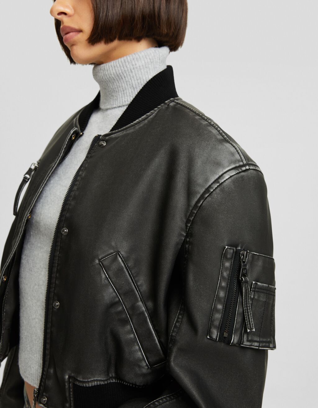 Distressed faux leather bomber jacket-Grey-2