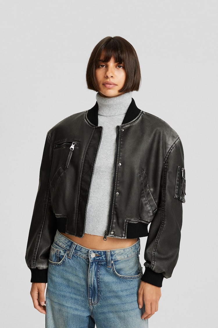 Distressed faux leather bomber jacket
