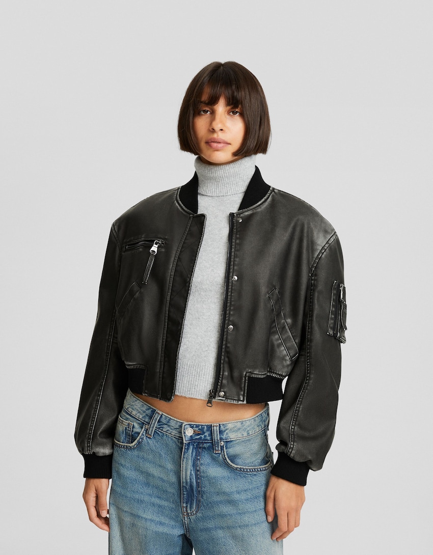 Distressed faux leather bomber jacket - BSK Teen