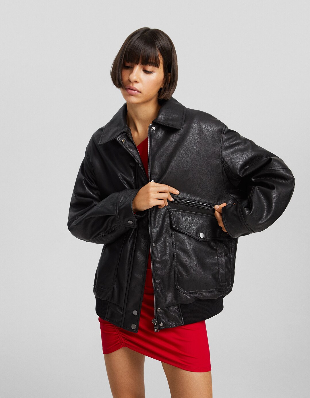 Oversized dad fit jack met leren effect