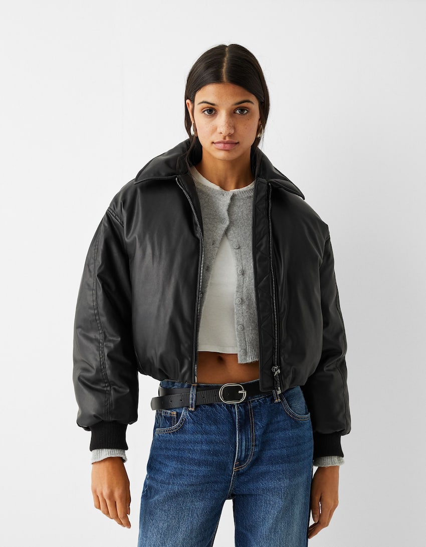 Cropped faux-leather puffer jacket with lapel collar - BSK Teen | Bershka