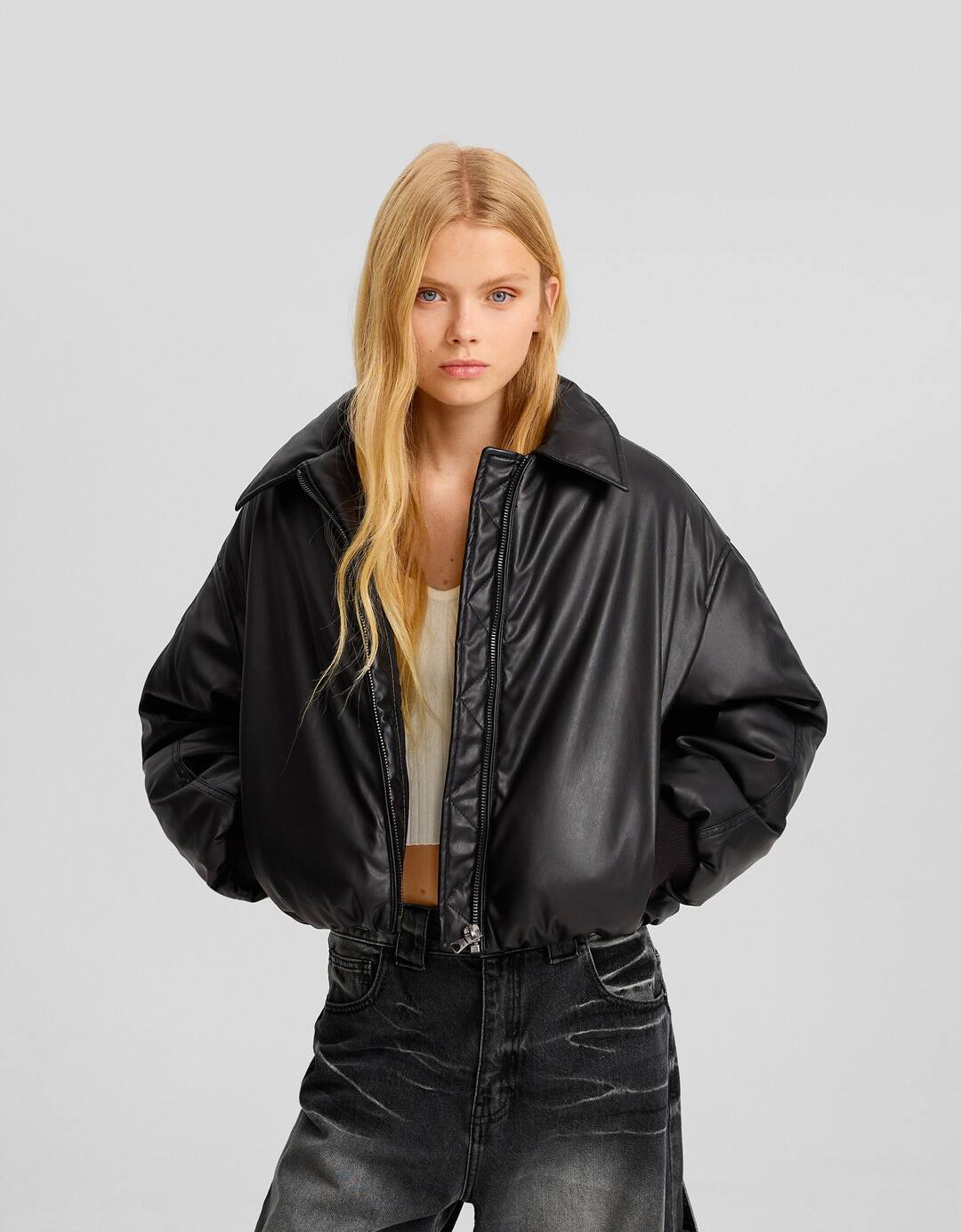 Cropped faux-leather puffer jacket with lapel collar