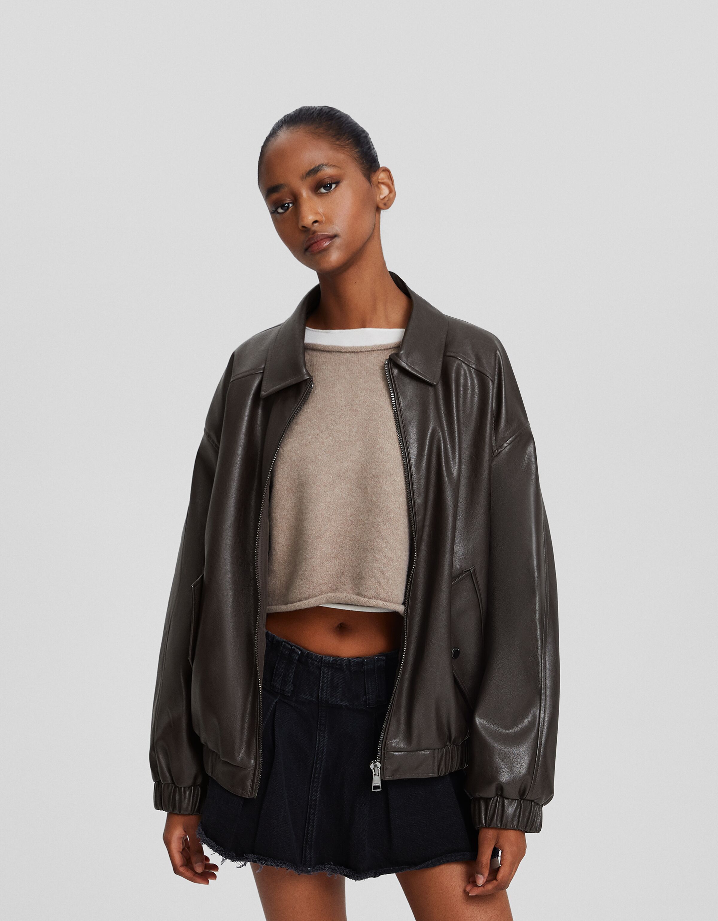 Faux leather dad fit jacket Jackets Women Bershka