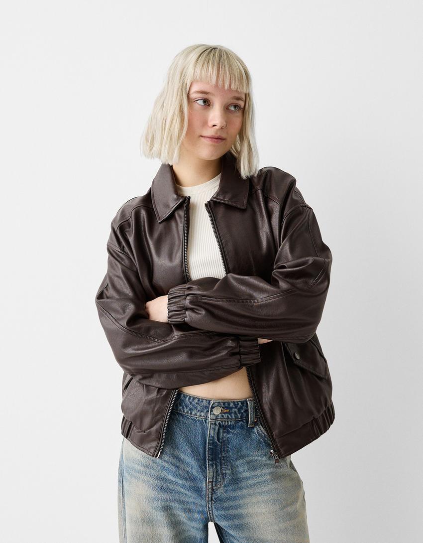 Blusão dad fit efeito pele-Marrom-0