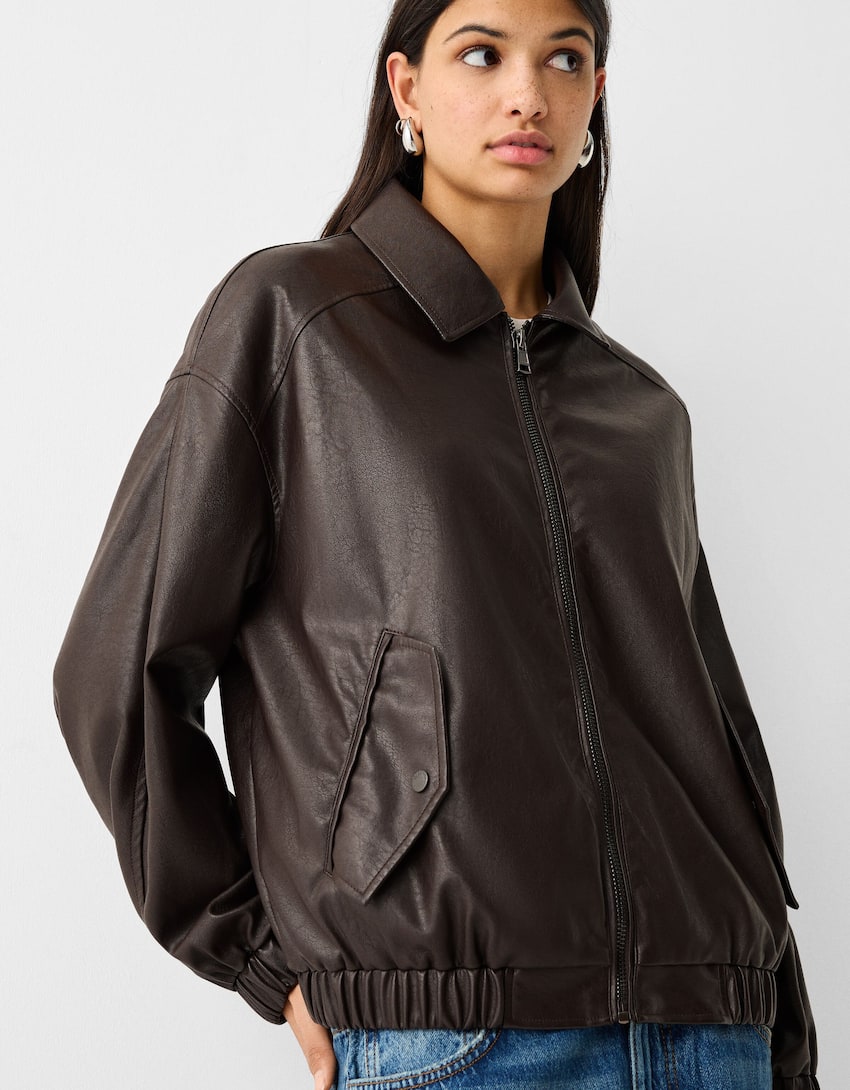 Faux leather dad fit jacket-Brown-1