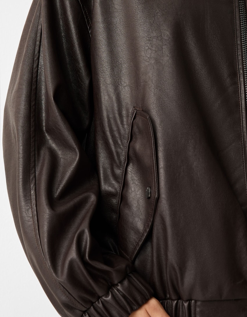 Faux leather dad fit jacket-Brown-6