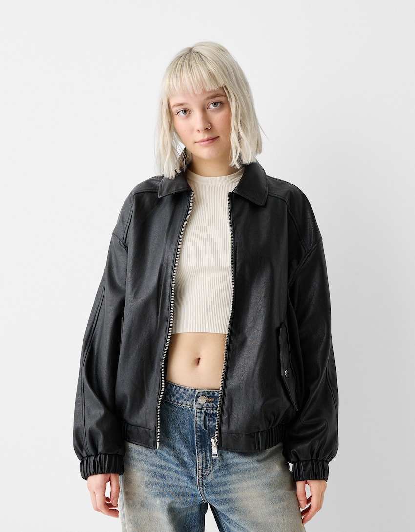 Faux leather dad fit jacket - BSK Teen | Bershka