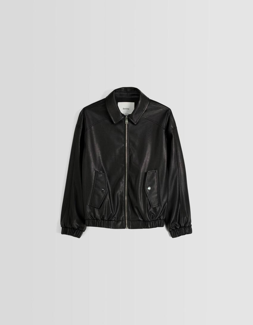 Faux leather dad fit jacket-Black-5