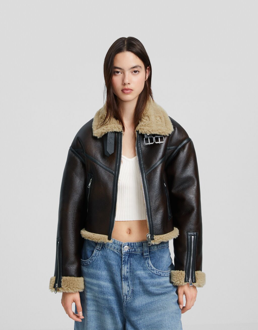 Distressed double-faced faux leather trucker jacket