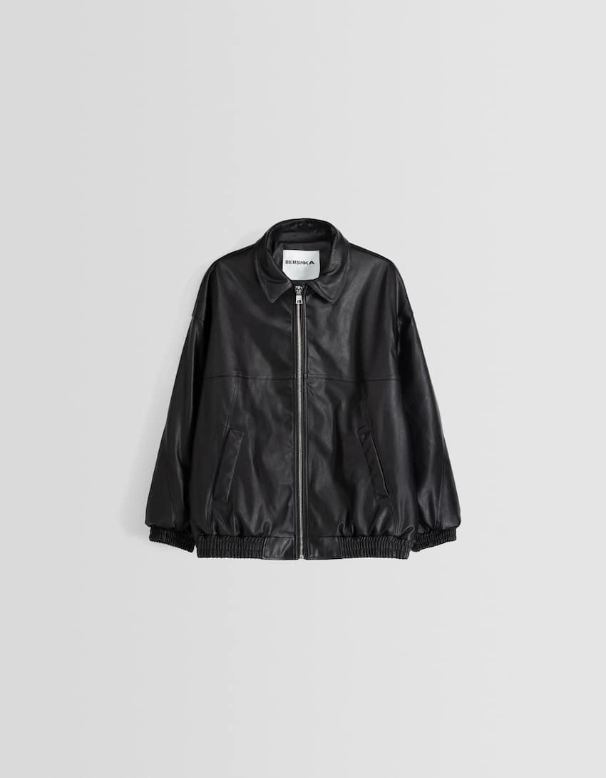Leather effect dad fit oversize jacket-Black-4
