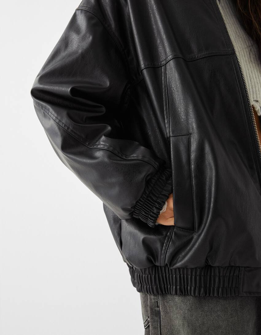 Leather effect dad fit oversize jacket-Black-2