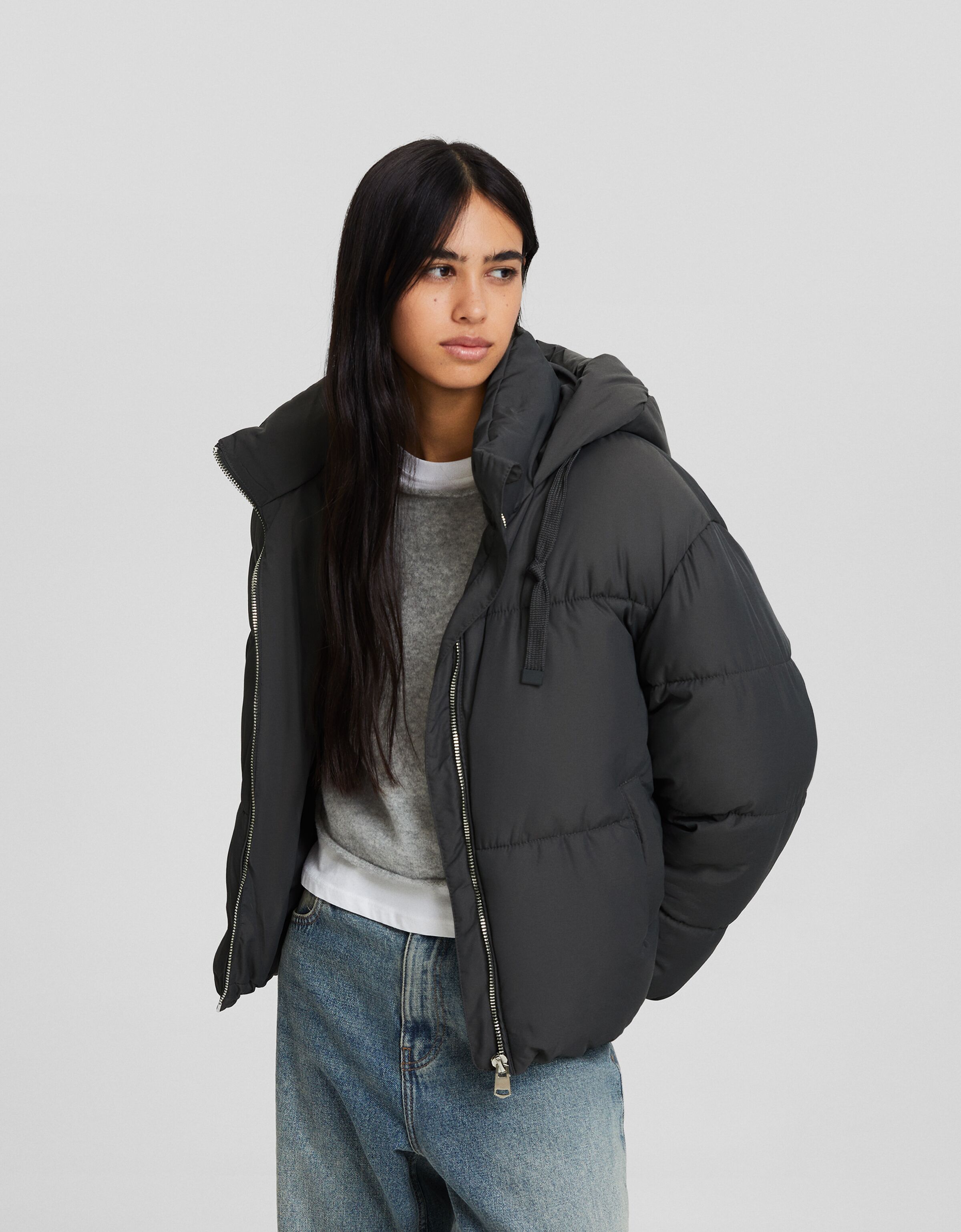 Bershka puffer jacket with hood in black new arrivals